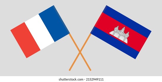 Crossed flags of France and Cambodia. Official colors. Correct proportion. Vector illustration
