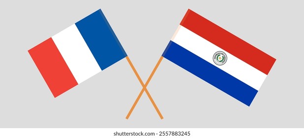 Crossed flags of France and Republic of Paraguay. Official colors. Correct proportion. Vector illustration.
