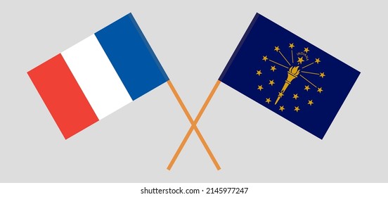 Crossed flags of France and the State of Indiana. Official colors. Correct proportion. Vector illustration
