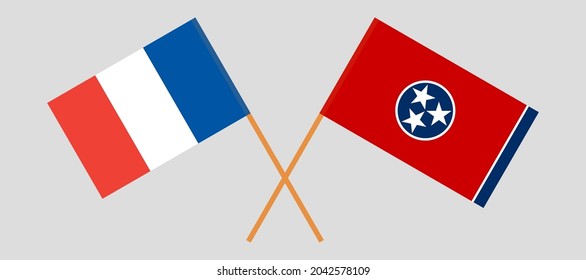 Crossed flags of France and the State of Tennessee. Official colors. Correct proportion