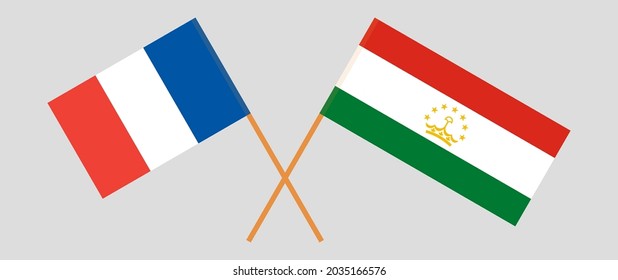 Crossed flags of France and Tajikistan. Official colors. Correct proportion