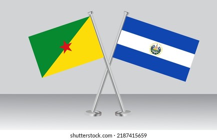 Crossed flags of French Guiana and El Salvador. Official colors. Correct proportion. Banner design