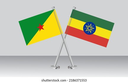 Crossed flags of French Guiana and Ethiopia. Official colors. Correct proportion. Banner design