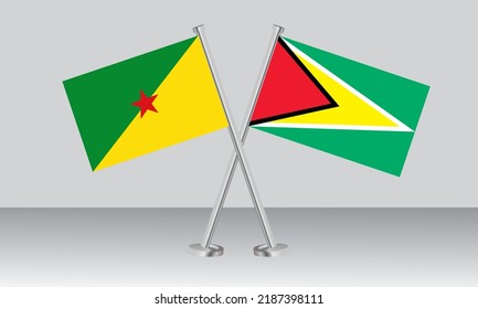 Crossed flags of French Guiana and Guyana. Official colors. Correct proportion. Banner design