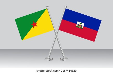 Crossed flags of French Guiana and Haiti. Official colors. Correct proportion. Banner design