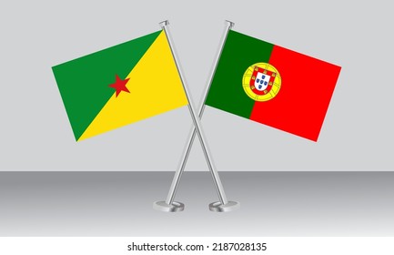 Crossed flags of French Guiana and Portugal. Official colors. Correct proportion. Banner design