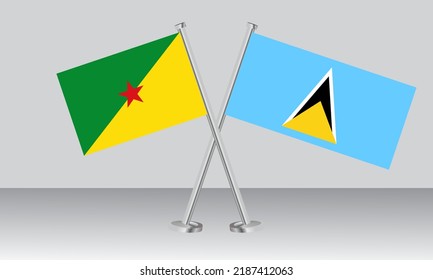 Crossed flags of French Guiana and Saint Lucia. Official colors. Correct proportion. Banner design