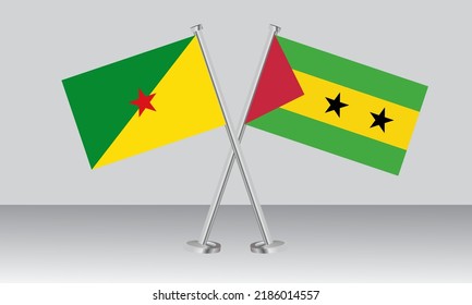 Crossed flags of French Guiana and Sao Tome Principe. Official colors. Correct proportion. Banner design