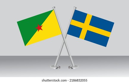 Crossed flags of French Guiana and Sweden. Official colors. Correct proportion. Banner design