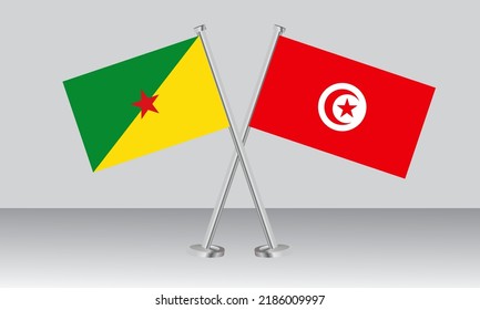 Crossed flags of French Guiana and Tunisia. Official colors. Correct proportion. Banner design