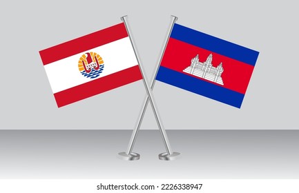 Crossed flags of French Polynesia and  Cambodia. Official colors. Correct proportion. Banner design