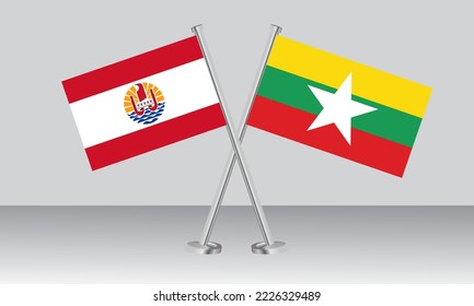 Crossed flags of French Polynesia and Myanmar. Official colors. Correct proportion. Banner design