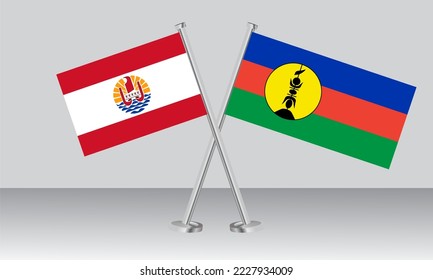 Crossed flags of French Polynesia and New Caledonia. Official colors. Correct proportion. Banner design