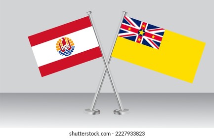 Banderas cruzadas de la Polinesia Francesa y Niue. Colores oficiales. Proporción correcta. Diseño de pancartas