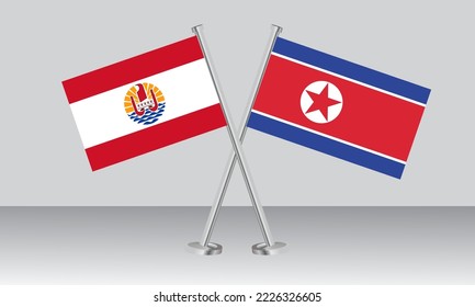 Banderas cruzadas de la Polinesia Francesa y Corea del Norte. Colores oficiales. Proporción correcta. Diseño de pancartas