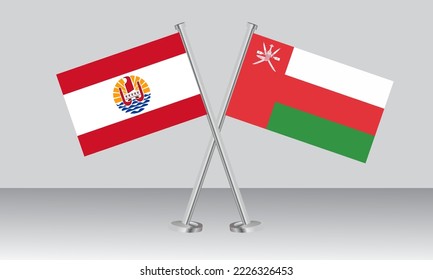 Crossed flags of French Polynesia and Oman. Official colors. Correct proportion. Banner design