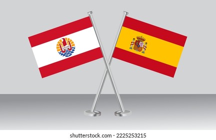 Banderas cruzadas de la Polinesia Francesa y España. Colores oficiales. Proporción correcta. Diseño de pancartas