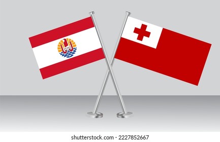 Crossed flags of French Polynesia and Tonga. Official colors. Correct proportion. Banner design