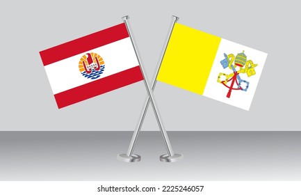 Banderas cruzadas de la Polinesia Francesa y Ciudad del Vaticano. Colores oficiales. Proporción correcta. Diseño de pancartas