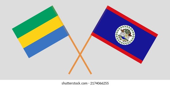 Banderas cruzadas de Gabón y Belice. Colores oficiales. Proporción correcta. Ilustración del vector
