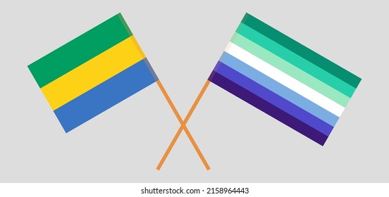 Crossed flags of Gabon and gay men pride. Official colors. Correct proportion. Vector illustration
