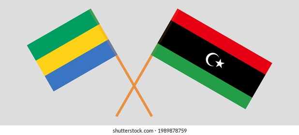 Banderas cruzadas de Gabón y Libia. Colores oficiales. Proporción correcta