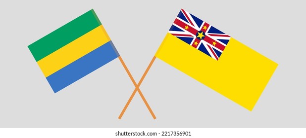 Crossed flags of Gabon and Niue. Official colors. Correct proportion. Vector illustration
