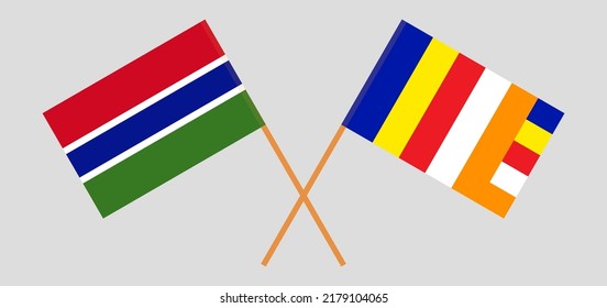 Crossed flags of the Gambia and Buddhism. Official colors. Correct proportion. Vector illustration

