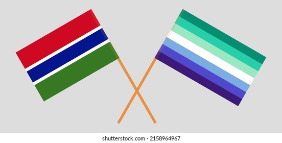 Crossed flags of the Gambia and gay men pride. Official colors. Correct proportion. Vector illustration
