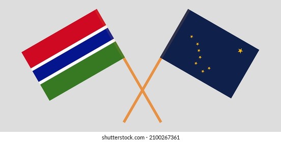 Crossed flags of the Gambia and the State of Alaska. Official colors. Correct proportion. Vector illustration

