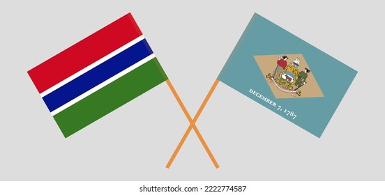 Crossed flags of the Gambia and The State of Delaware. Official colors. Correct proportion. Vector illustration
