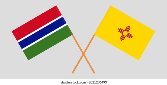 Banderas cruzadas de Gambia y el estado de Nuevo México. Colores oficiales. Proporción correcta