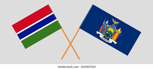 Crossed flags of the Gambia and The State of New York. Official colors. Correct proportion. Vector illustration
