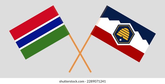 Banderas cruzadas de Gambia y el estado de Utah. Colores oficiales. Proporción correcta. Ilustración del vector
