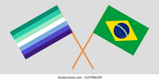 Crossed flags of gay men pride and Brazil. Official colors. Correct proportion. Vector illustration
