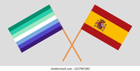 Crossed flags of gay men pride and Spain. Official colors. Correct proportion. Vector illustration
