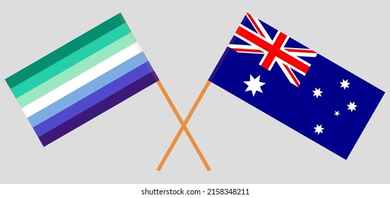 Crossed flags of gay men pride and Australia. Official colors. Correct proportion. Vector illustration
