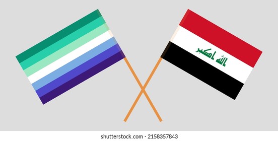 Cruzaron las banderas del orgullo gay e Iraq. Colores oficiales. Proporción correcta. Ilustración del vector
