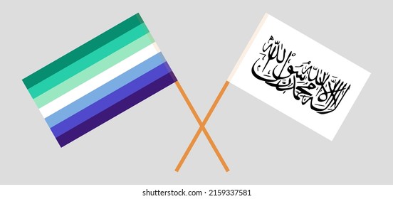 Crossed flags of gay men pride and Taliban. Official colors. Correct proportion. Vector illustration
