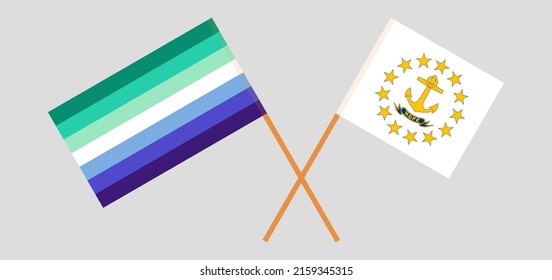 Banderas cruzadas del orgullo gay y el estado de la isla Rhode. Colores oficiales. Proporción correcta. Ilustración del vector