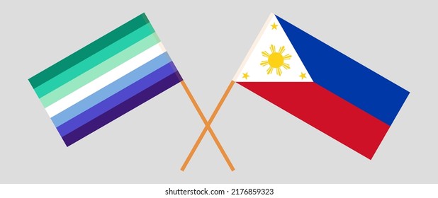 Crossed flags of gay men pride and the Philippines. Official colors. Correct proportion. Vector illustration
