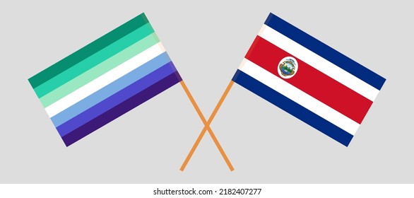 Crossed flags of gay men pride and Costa Rica. Official colors. Correct proportion. Vector illustration

