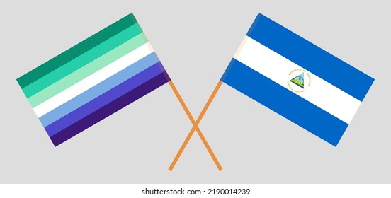 Überquerte Flaggen von schwulen Männern Stolz und Nicaragua. Offizielle Farben. Richtiger Anteil. Vektorgrafik
