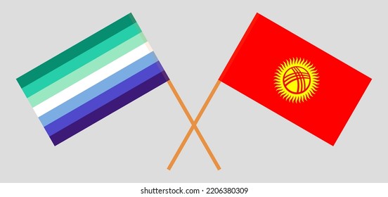 Crossed flags of gay men pride and Kyrgyzstan. Official colors. Correct proportion