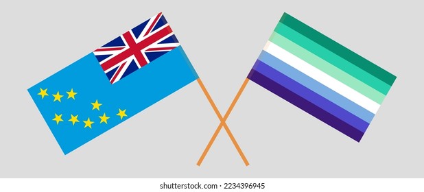 Crossed flags of gay men pride and Tuvalu. Official colors. Correct proportion. Vector illustration
