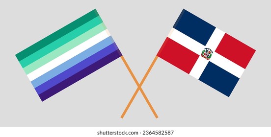 Crossed flags of gay men pride and Dominican Republic. Official colors. Correct proportion. Vector illustration
