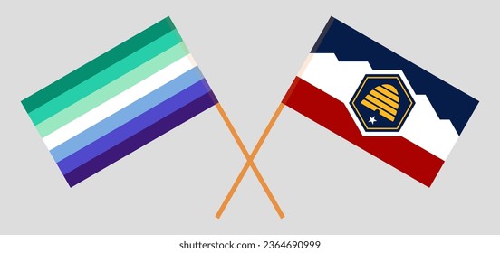 Crossed flags of gay men pride and The State of Utah. Official colors. Correct proportion. Vector illustration
