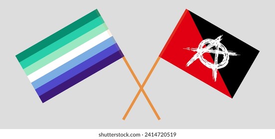 Crossed flags of gay men pride and anarchy. Official colors. Correct proportion. Vector illustration
