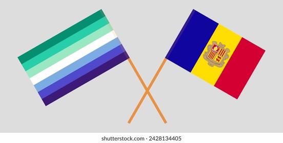 Crossed flags of gay men pride and Andorra. Official colors. Correct proportion. Vector illustration
