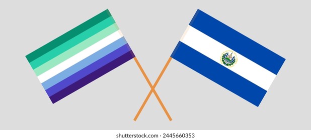 Crossed flags of gay men pride and El Salvador. Official colors. Correct proportion. Vector illustration
